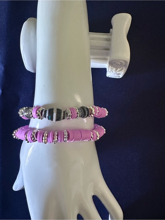 Jewelry - Pink and Multi-Colored Beads with Silver Accents Handmade Stretch Bracelets